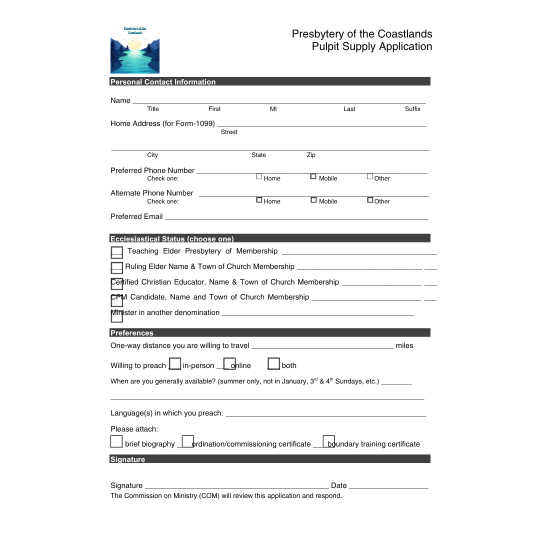 Pulpit supply application form